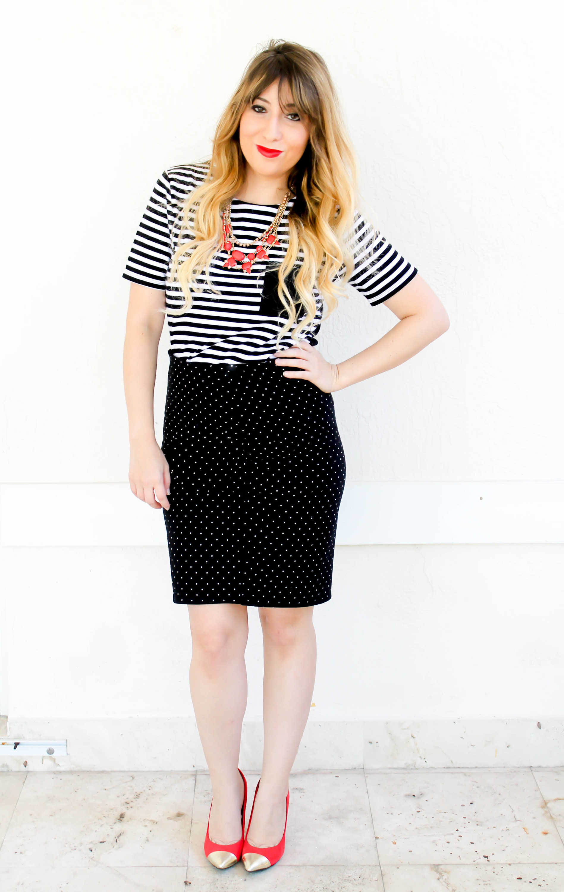 a sparkle factor, mindy lahiri style, mindy project style, small screen style challenge, old navy, old navy stripe tee, old navy polka dot skirt, old navy polka dot pencil skirt, polka dot pencil skirt, stripe pocket tee, cap toe pumps, metallic cap toe pumps