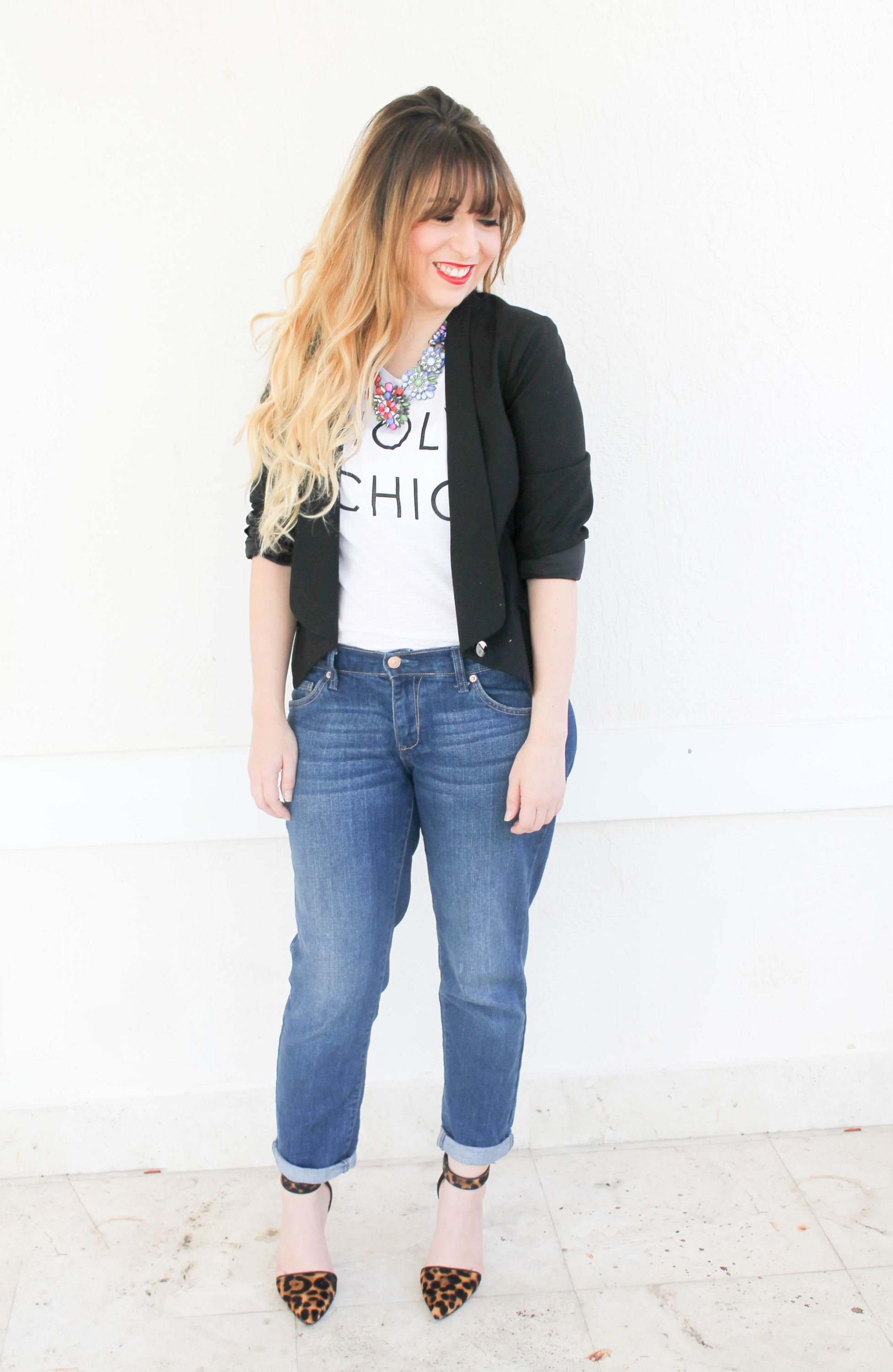 old navy holy chic tee, old navy boyfriend jeans, nine west cate heels, target statement necklace, how to style a graphic tee, graphic tee and jeans