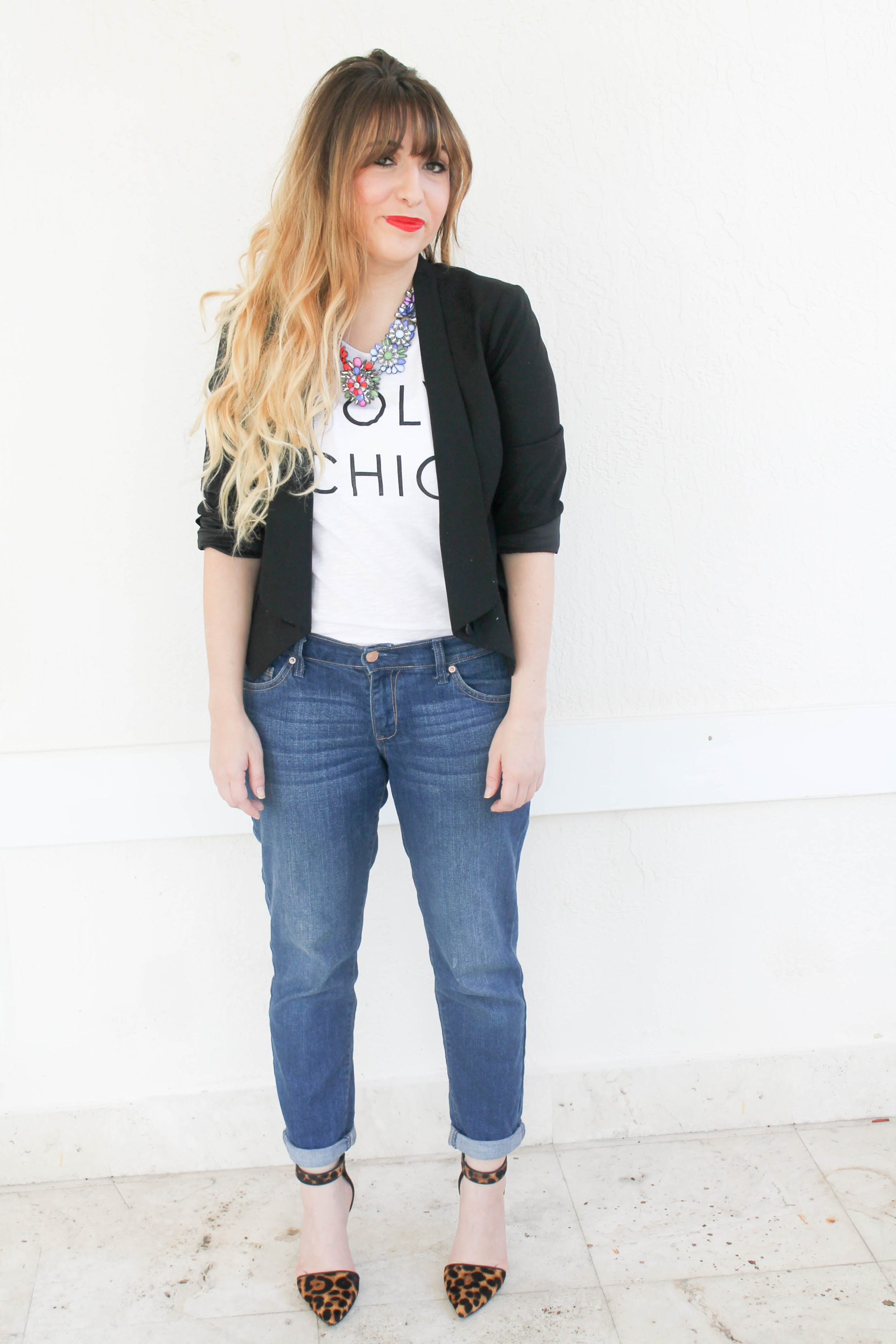 old navy holy chic tee, old navy boyfriend jeans, nine west cate heels, target statement necklace, how to style a graphic tee, graphic tee and jeans