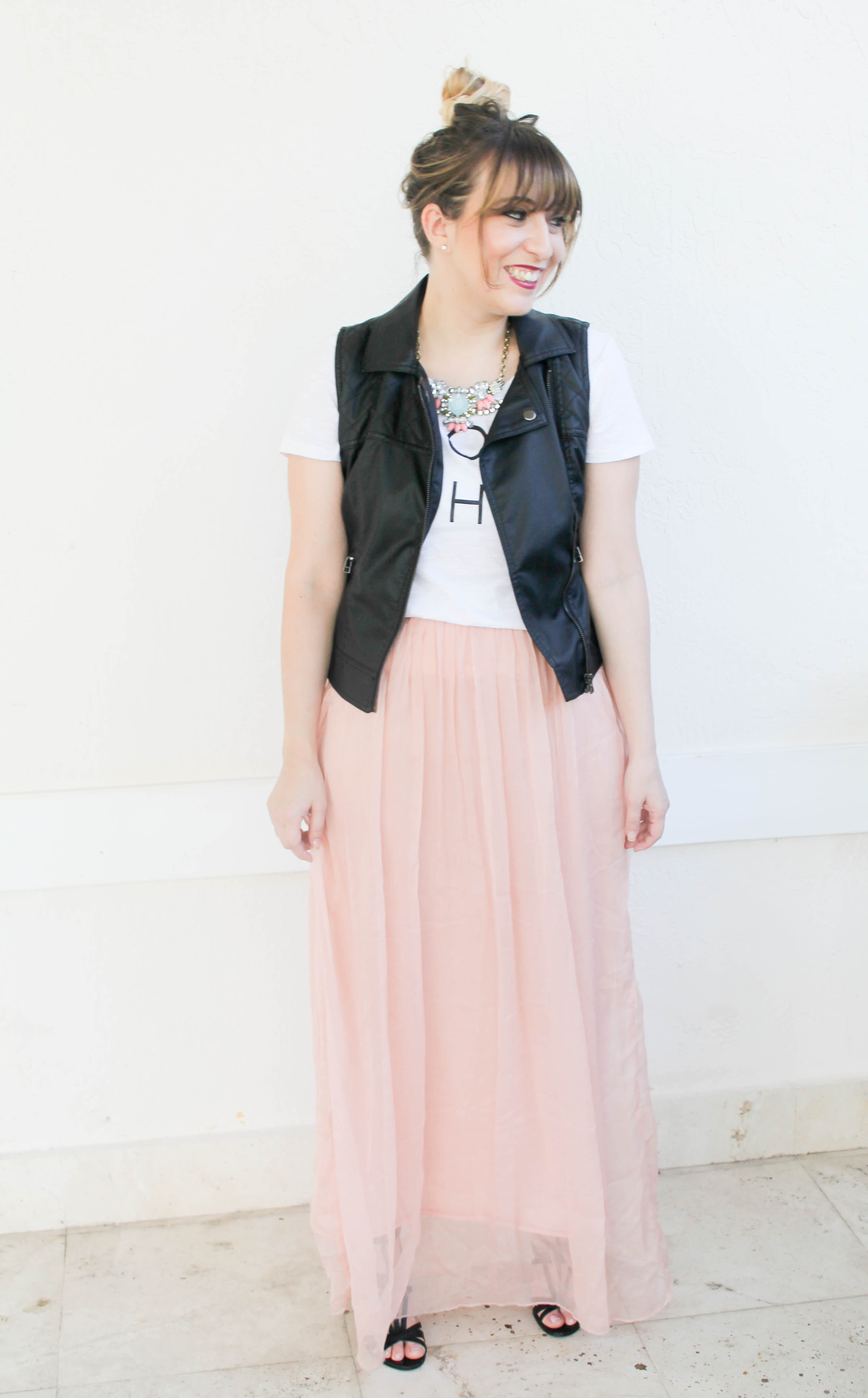 how to style a graphic tee, how to style a maxi skirt, old navy holy chic tee, leather vest, maxi skirt