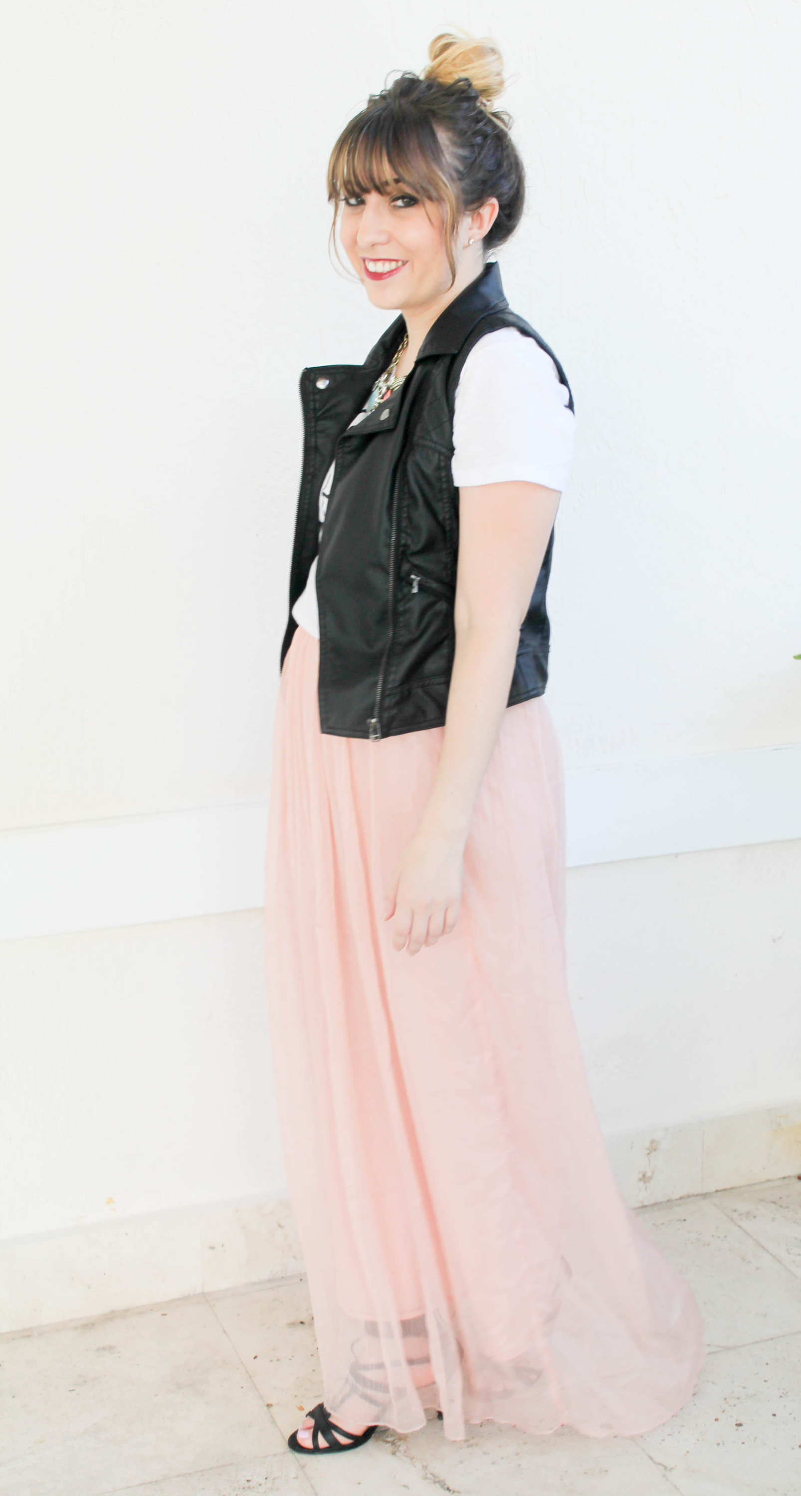 how to style a graphic tee, how to style a maxi skirt, old navy holy chic tee, leather vest, maxi skirt