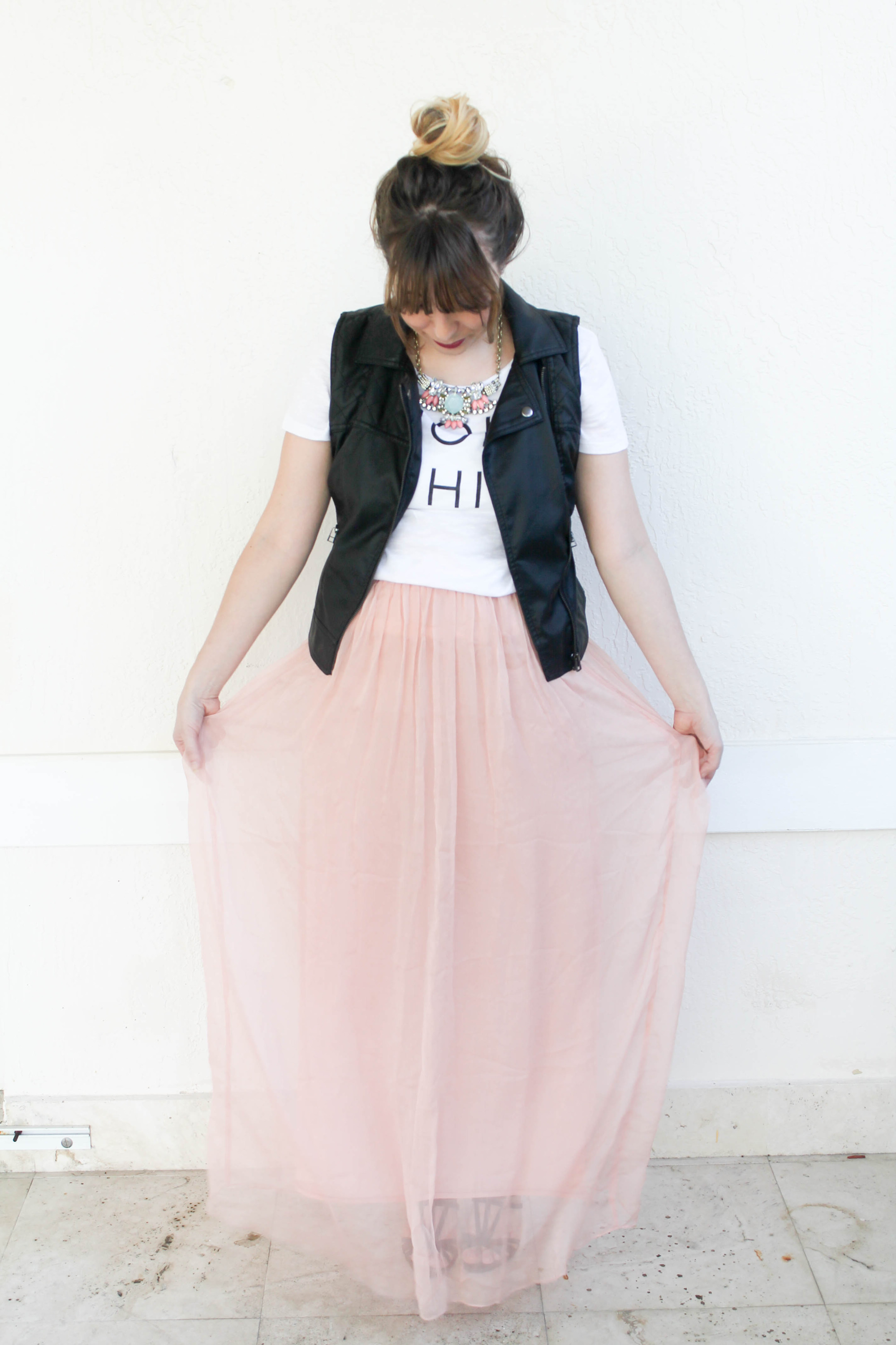 how to style a graphic tee, how to style a maxi skirt, old navy holy chic tee, leather vest, maxi skirt