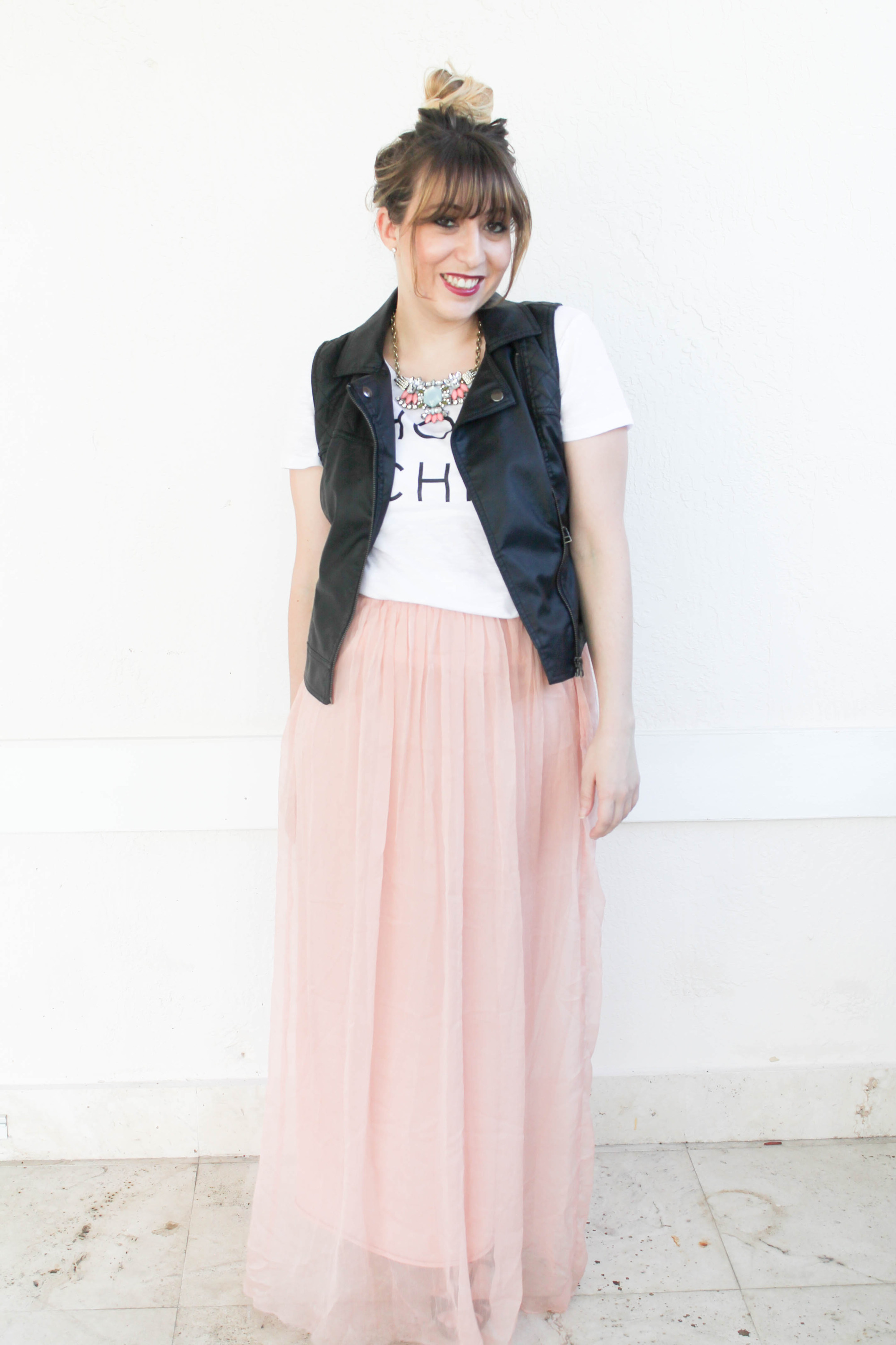 how to style a graphic tee, how to style a maxi skirt, old navy holy chic tee, leather vest, maxi skirt