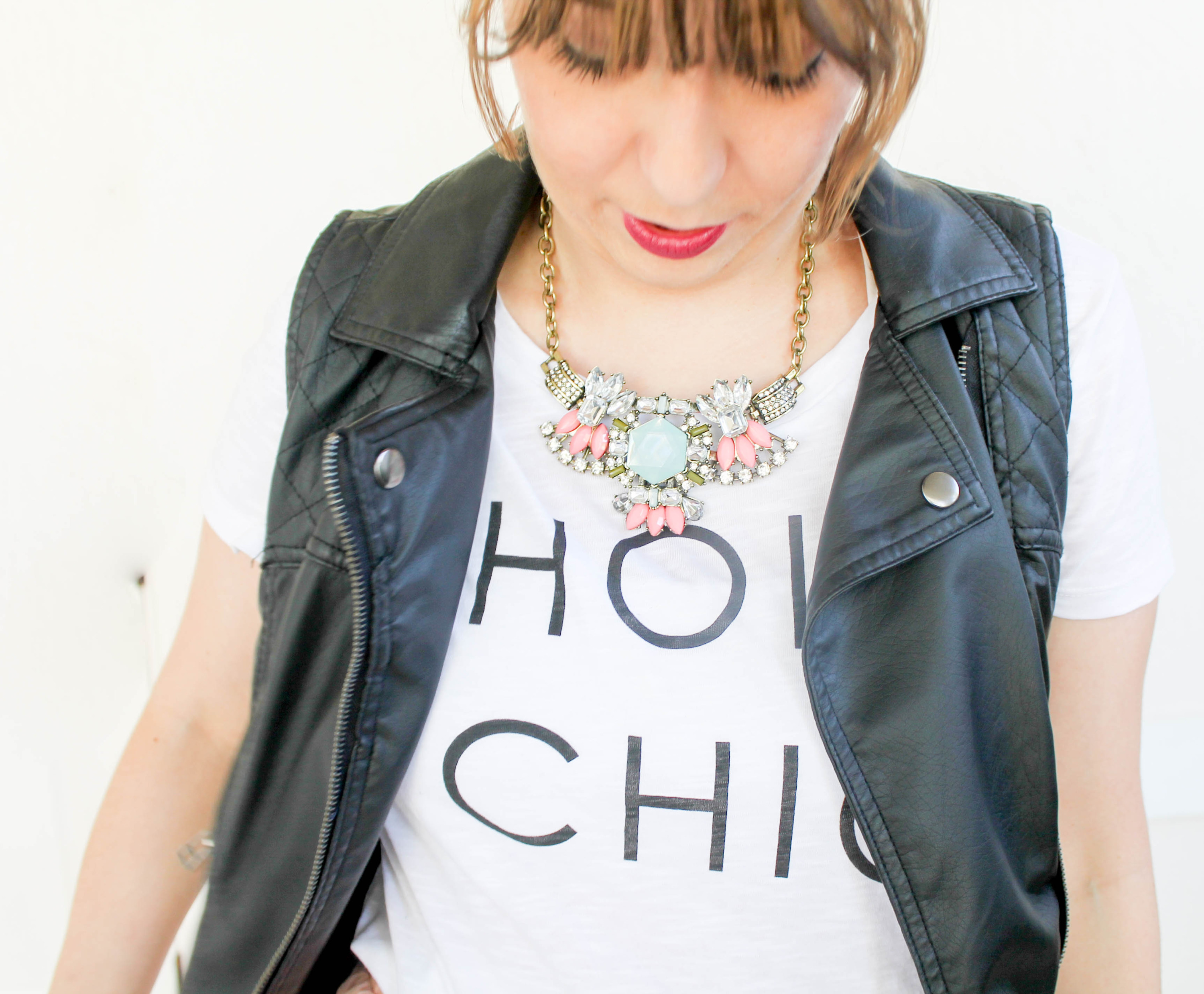 how to style a graphic tee, how to style a maxi skirt, old navy holy chic tee, leather vest, maxi skirt