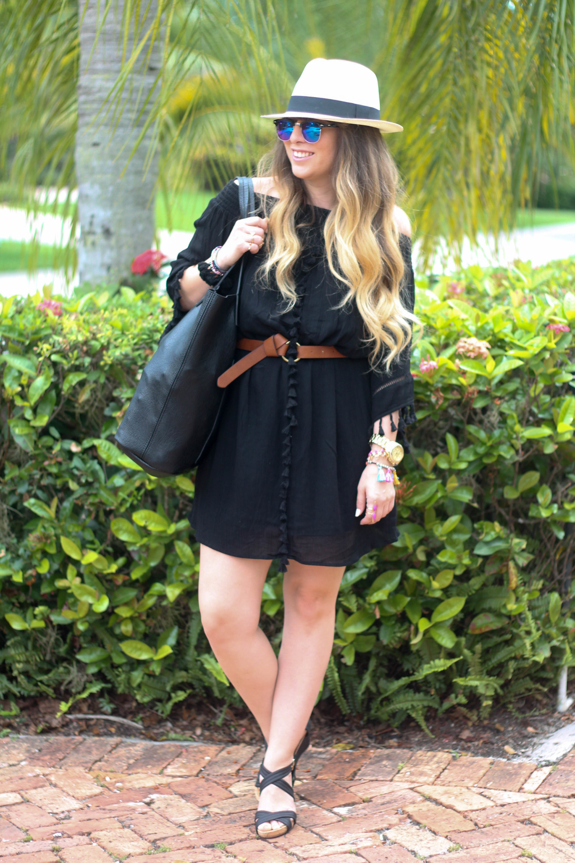 Black Target Tassel Dress, JCrew Panama Hat, Nordstrom Vegan Leather Tote, Sole Society Wedges, Fantaseyes Sunglasses (2 of 6)