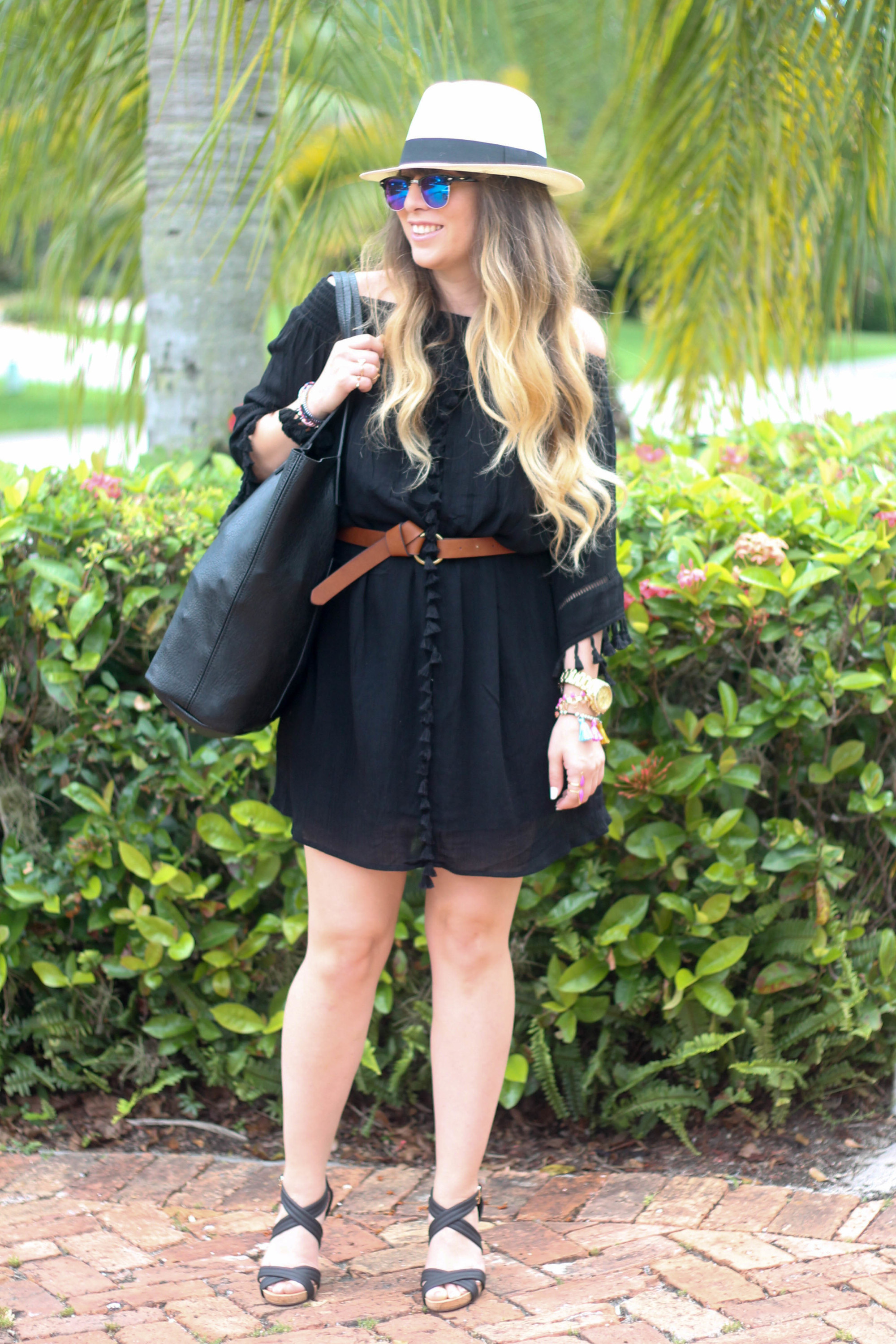 Black Target Tassel Dress, JCrew Panama Hat, Nordstrom Vegan Leather Tote, Sole Society Wedges, Fantaseyes Sunglasses (3 of 6)