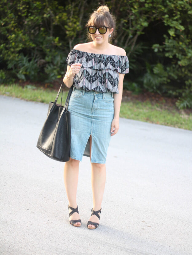 Levi’s denim pencil skirt, Kohl’s off the shoulder top, karen walker sunglasses from ditto, sole society wedges (3 of 11)