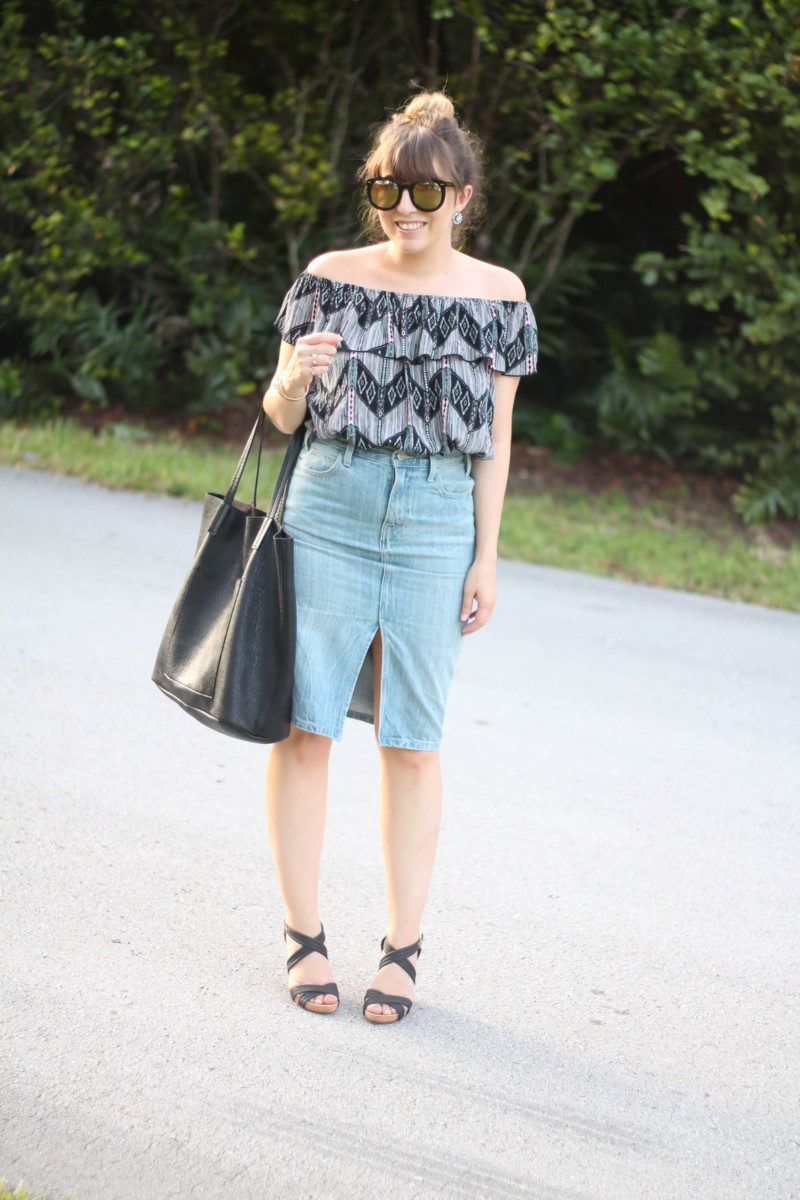 Levi's denim pencil skirt, Kohl's off the shoulder top, karen walker sunglasses from ditto, sole society wedges (3 of 11)