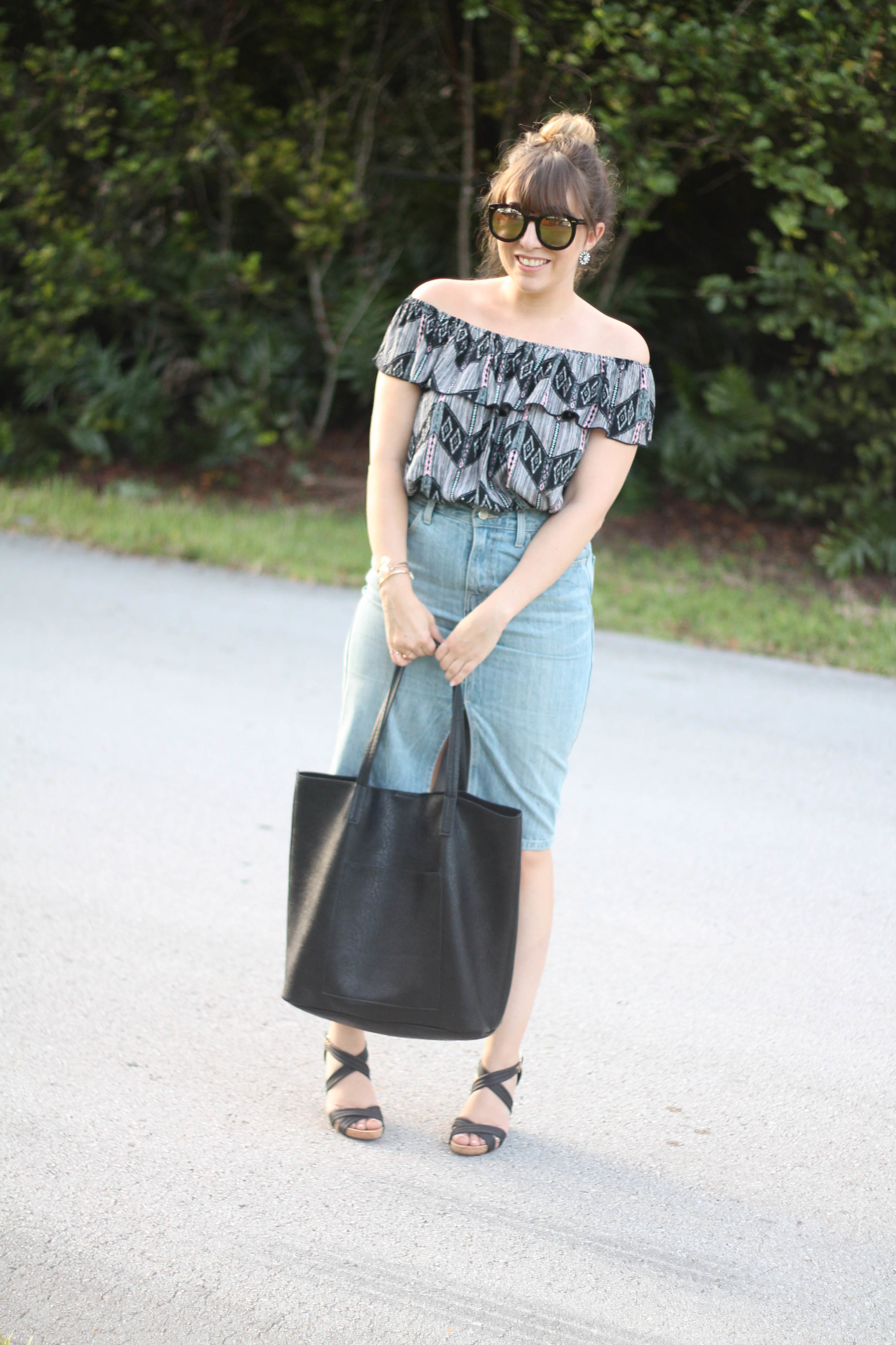 Levi's denim pencil skirt, Kohl's off the shoulder top, karen walker sunglasses from ditto, sole society wedges (5 of 11)