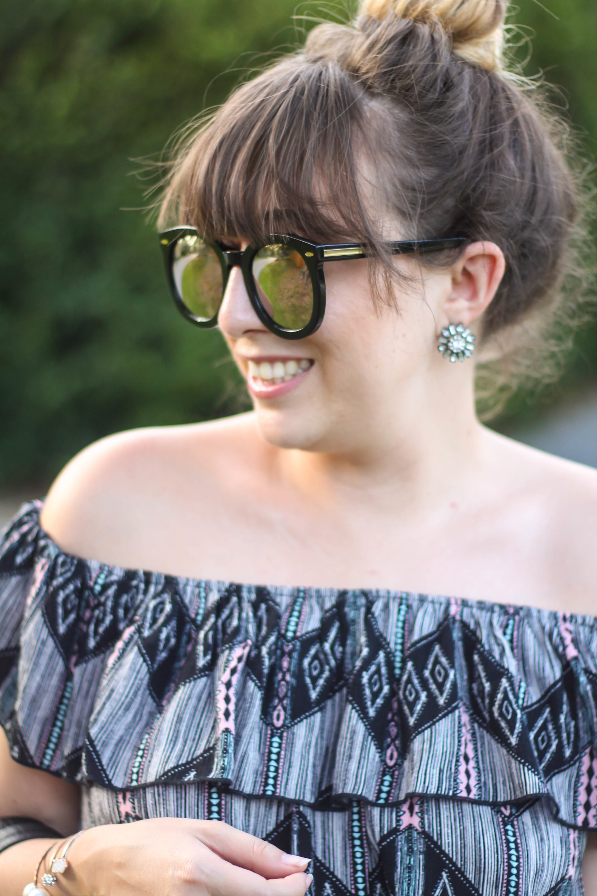 Levi's denim pencil skirt, Kohl's off the shoulder top, karen walker sunglasses from ditto, sole society wedges (9 of 11)