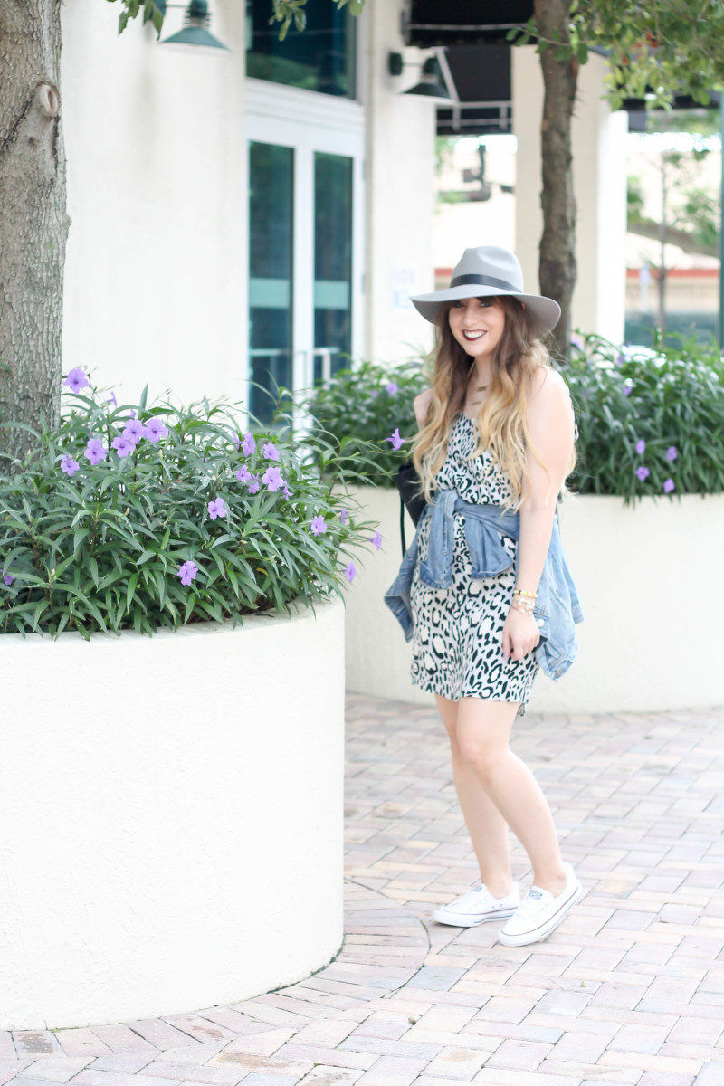 Topshop leopard shift dress, Converse white Shoreline sneaker, JCrew jean jacket, Topshopo felt fedora (2 of 13)