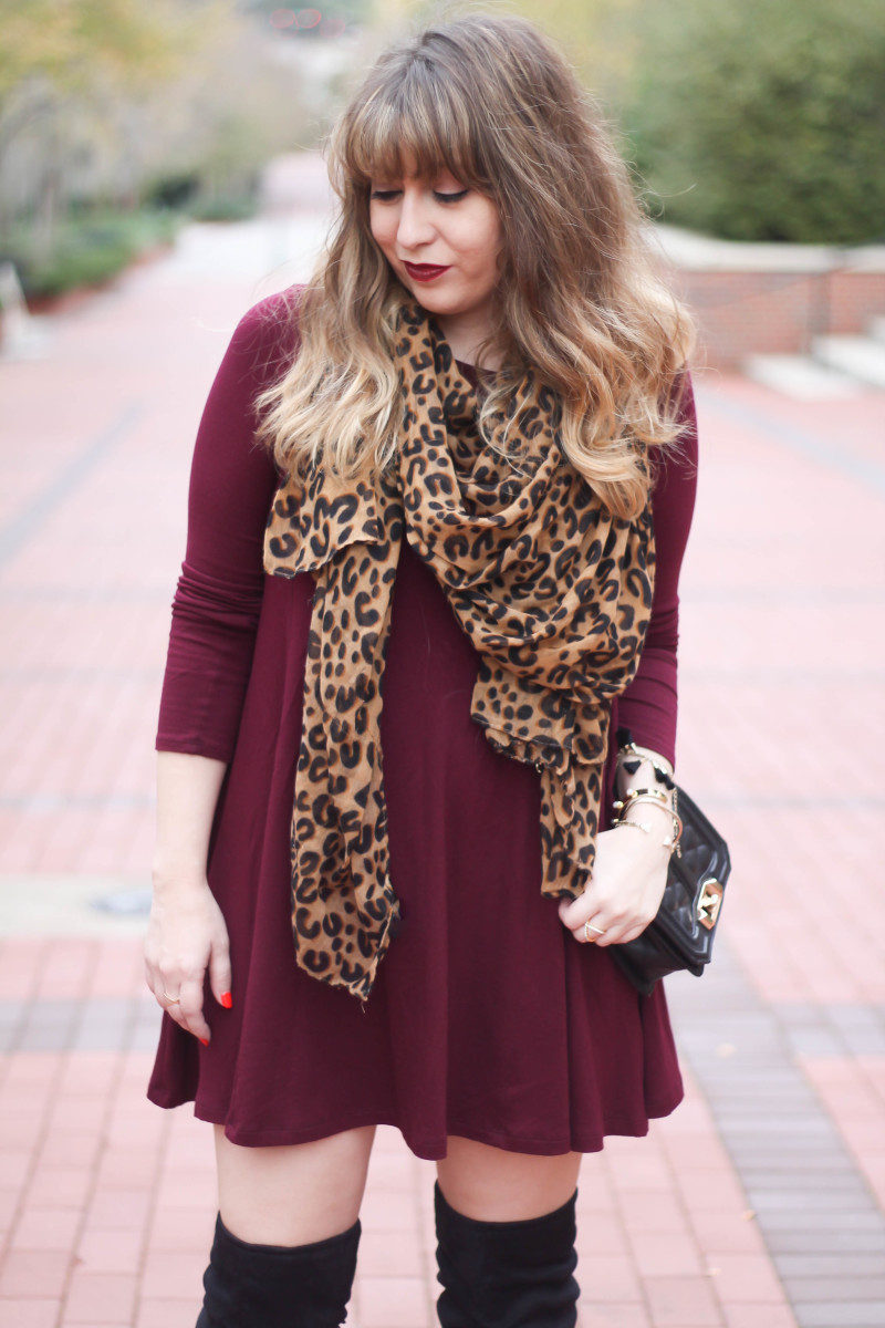 Lush maroon swing dress and black over the knee boots-2