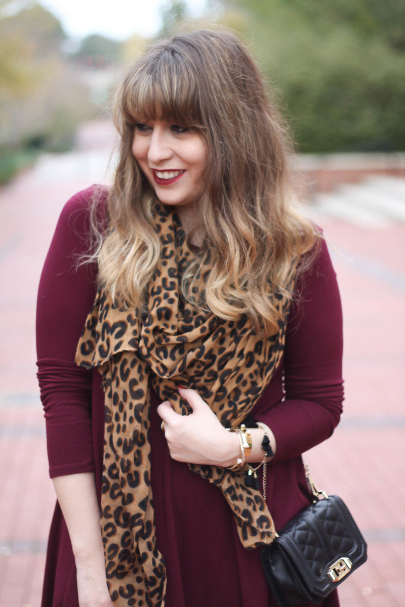 Lush maroon swing dress and black over the knee boots-7