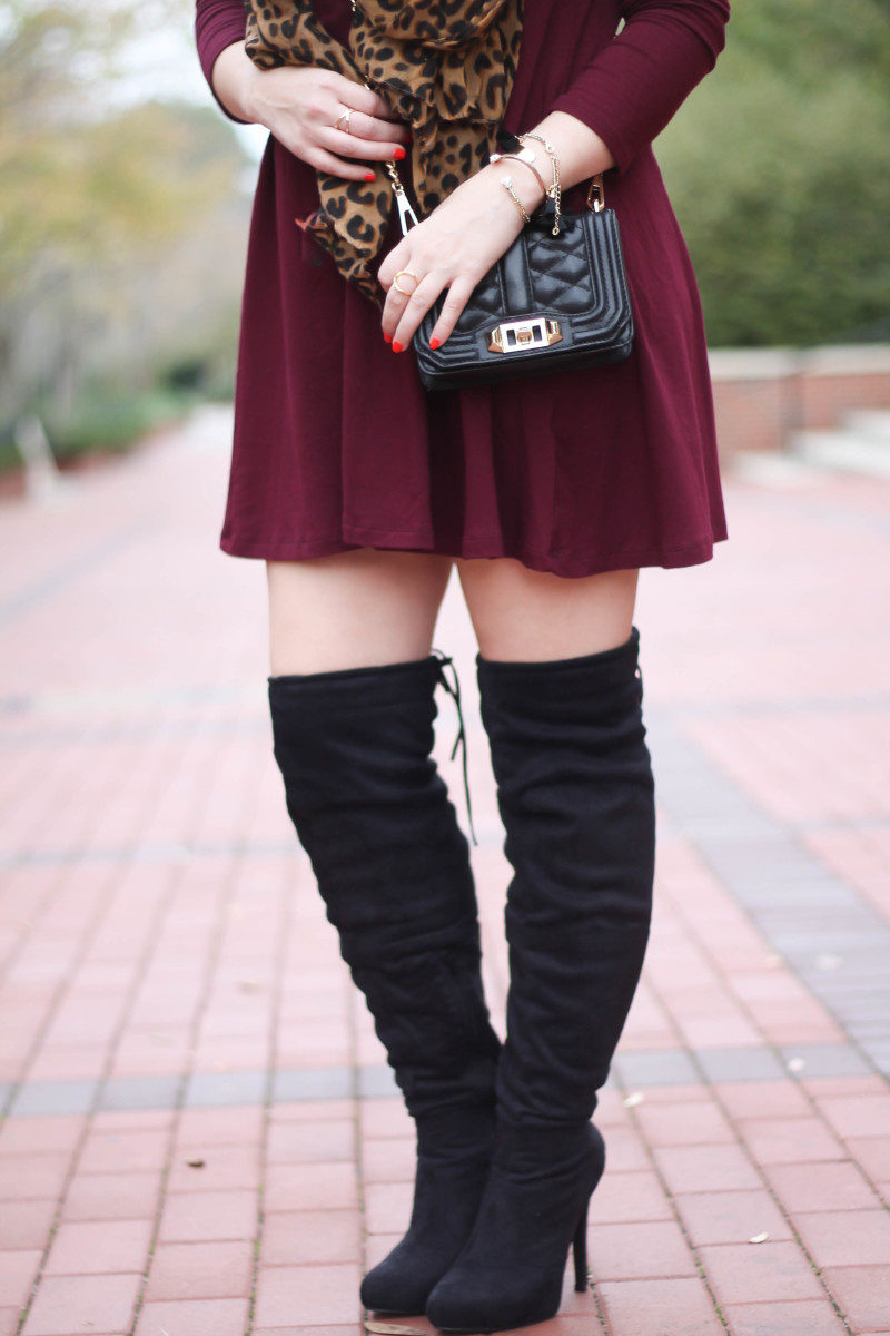 Lush maroon swing dress and black over the knee boots-8