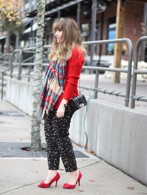 Old Navy leopard Harper pant and plaid blanket scarf