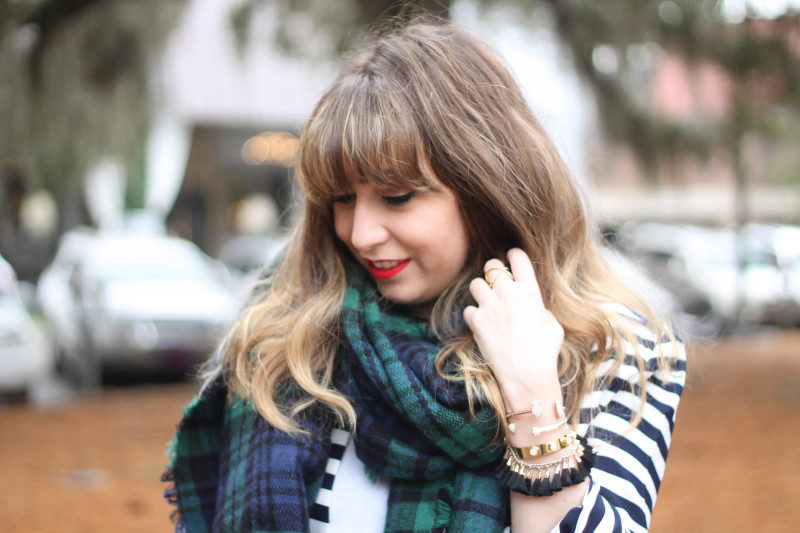 Stripe blazer and watch plaid scarf-7