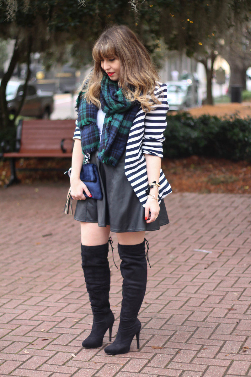 Stripe blazer and watch plaid scarf