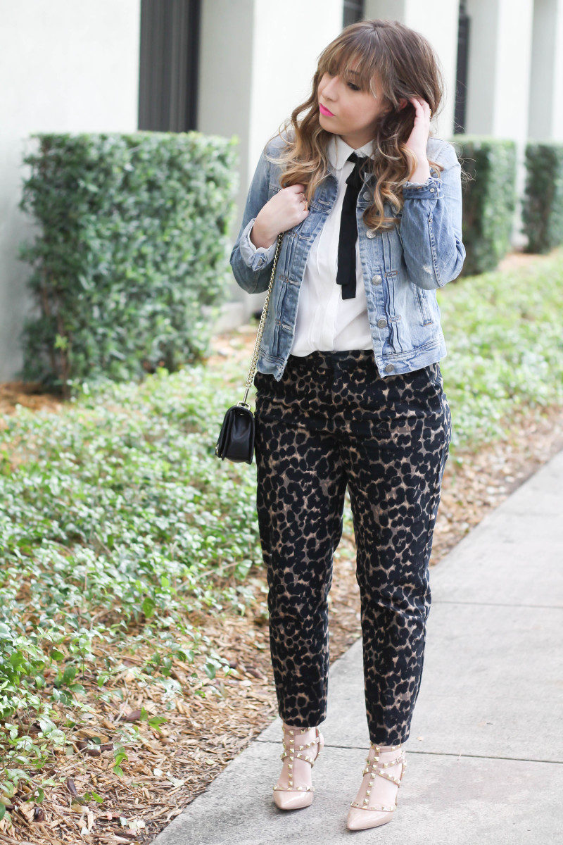 Choies bow blouse, j crew factory jean jacket, old navy harper pant in leopard, sole society tiia-4