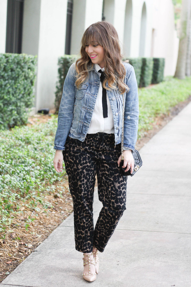 Choies bow blouse, j crew factory jean jacket, old navy harper pant in leopard, sole society tiia-8