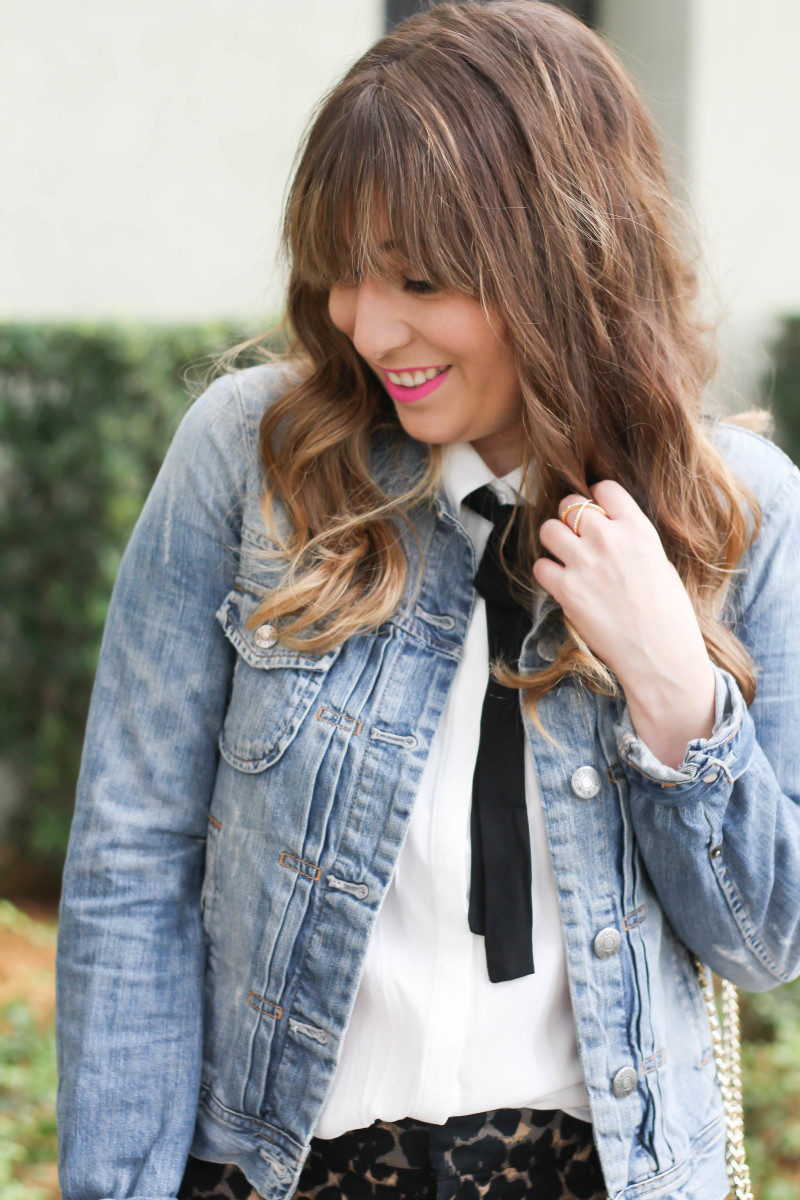 Choies bow blouse, j crew factory jean jacket, old navy harper pant in leopard, sole society tiia-9