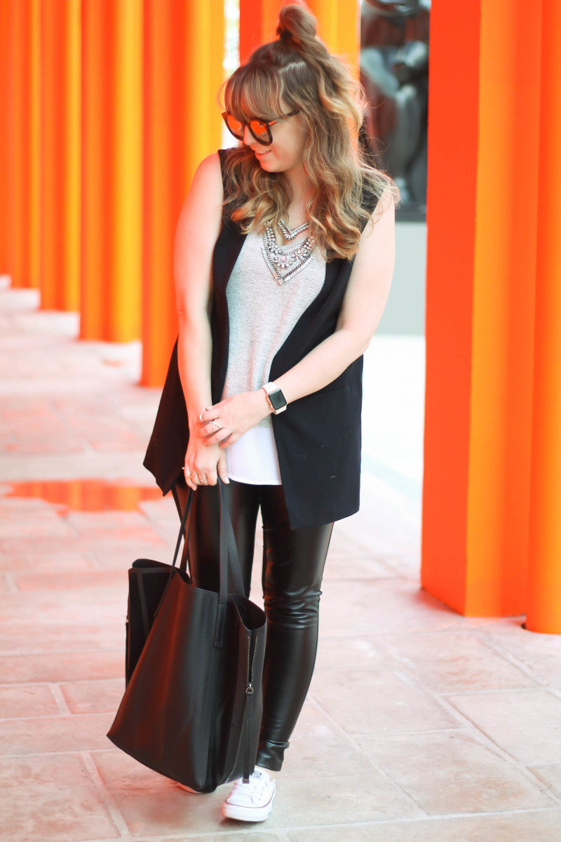 Leather leggings, sleeveless boyfriend blazer, layered tank, Converse-7