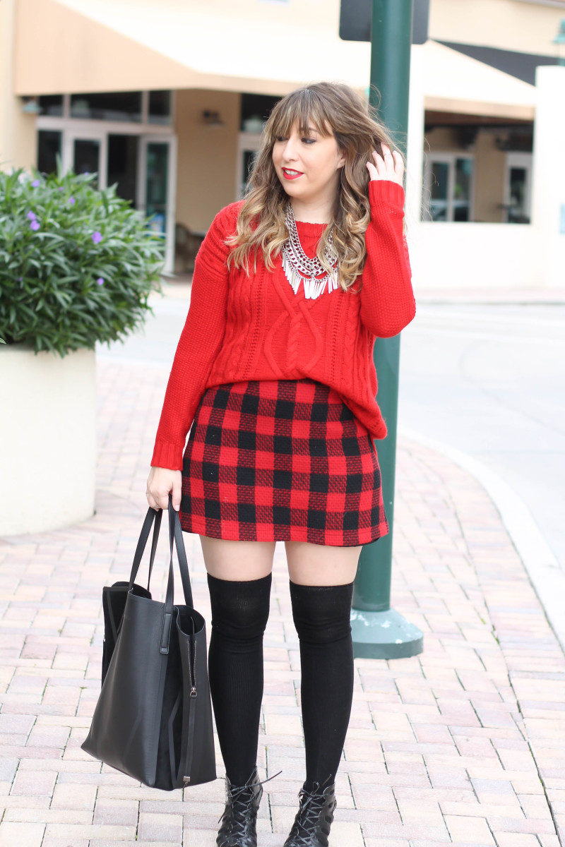 Red sweater, red buffalo plaid skirt-7