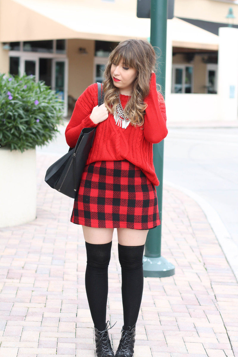 Red sweater, red buffalo plaid skirt-9