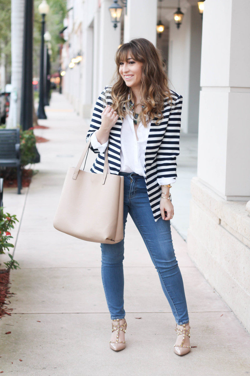 Striped blazer, white button down, skinny jeans-5