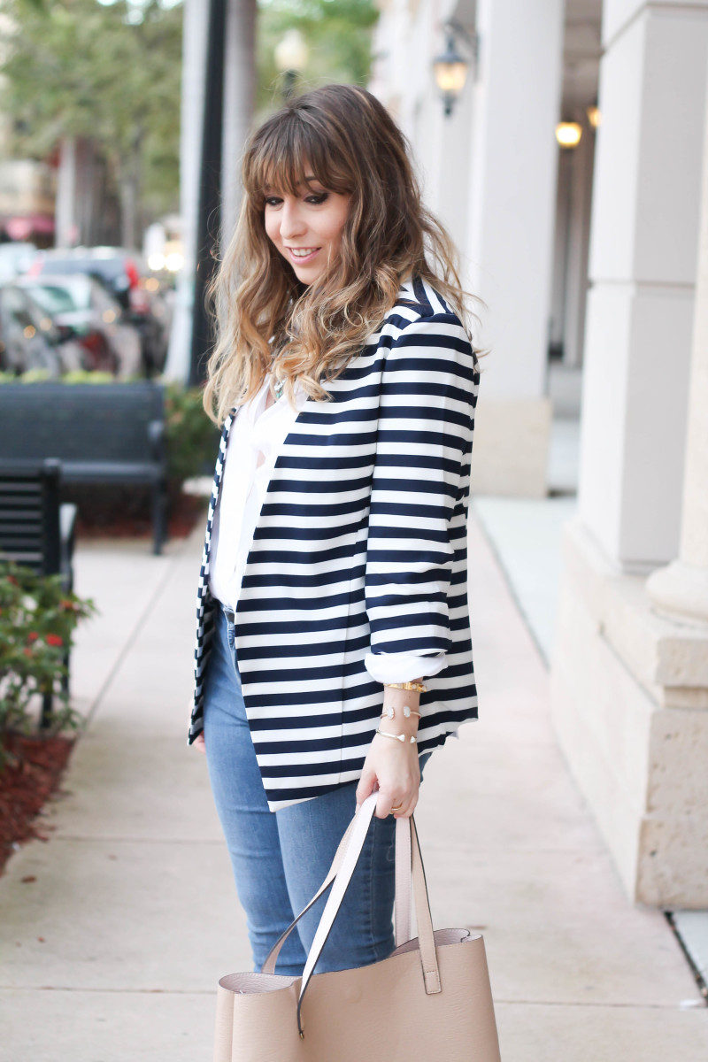 Striped blazer, white button down, skinny jeans