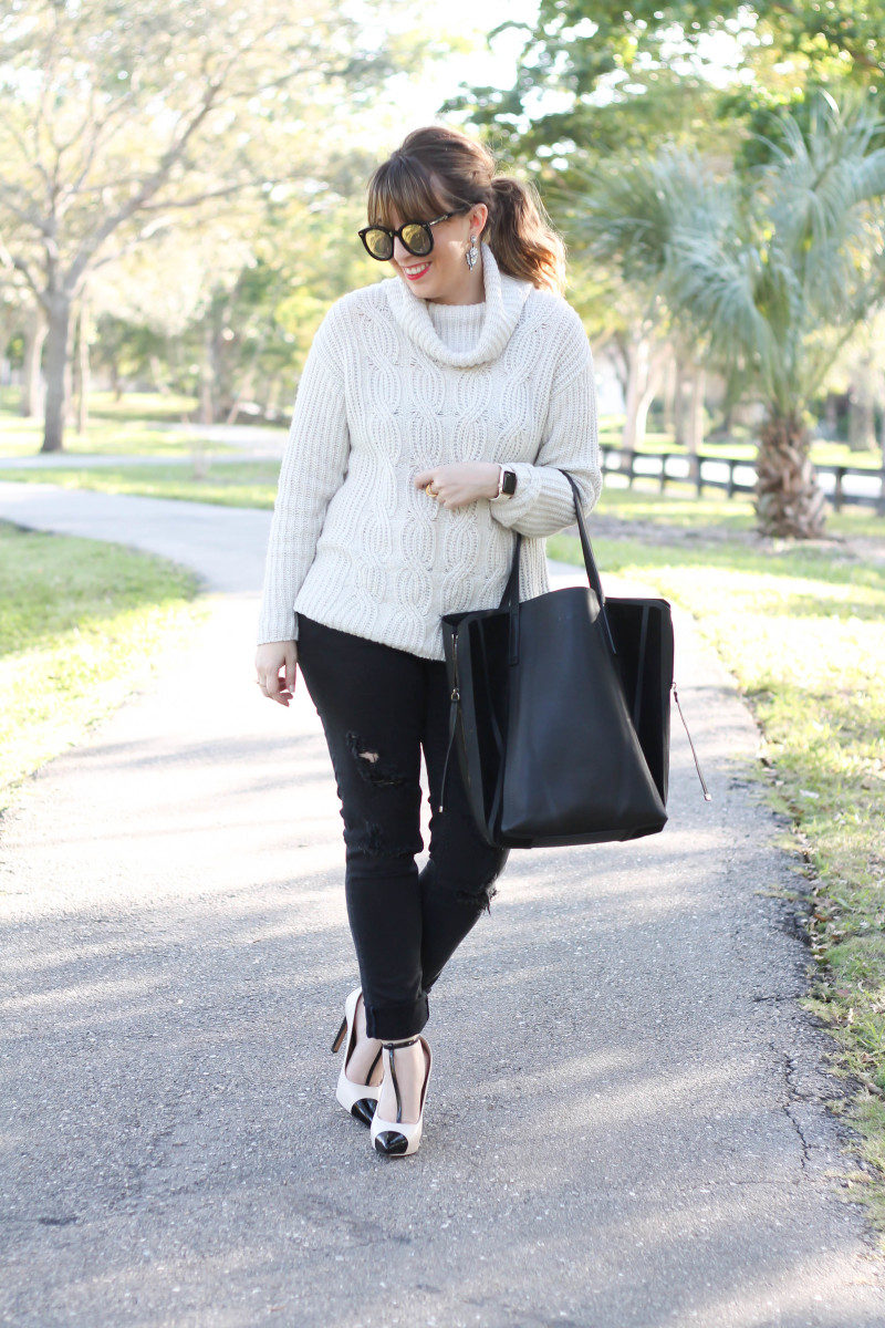 Turtleneck sweater, distressed black jeans, cap toe pumps-2