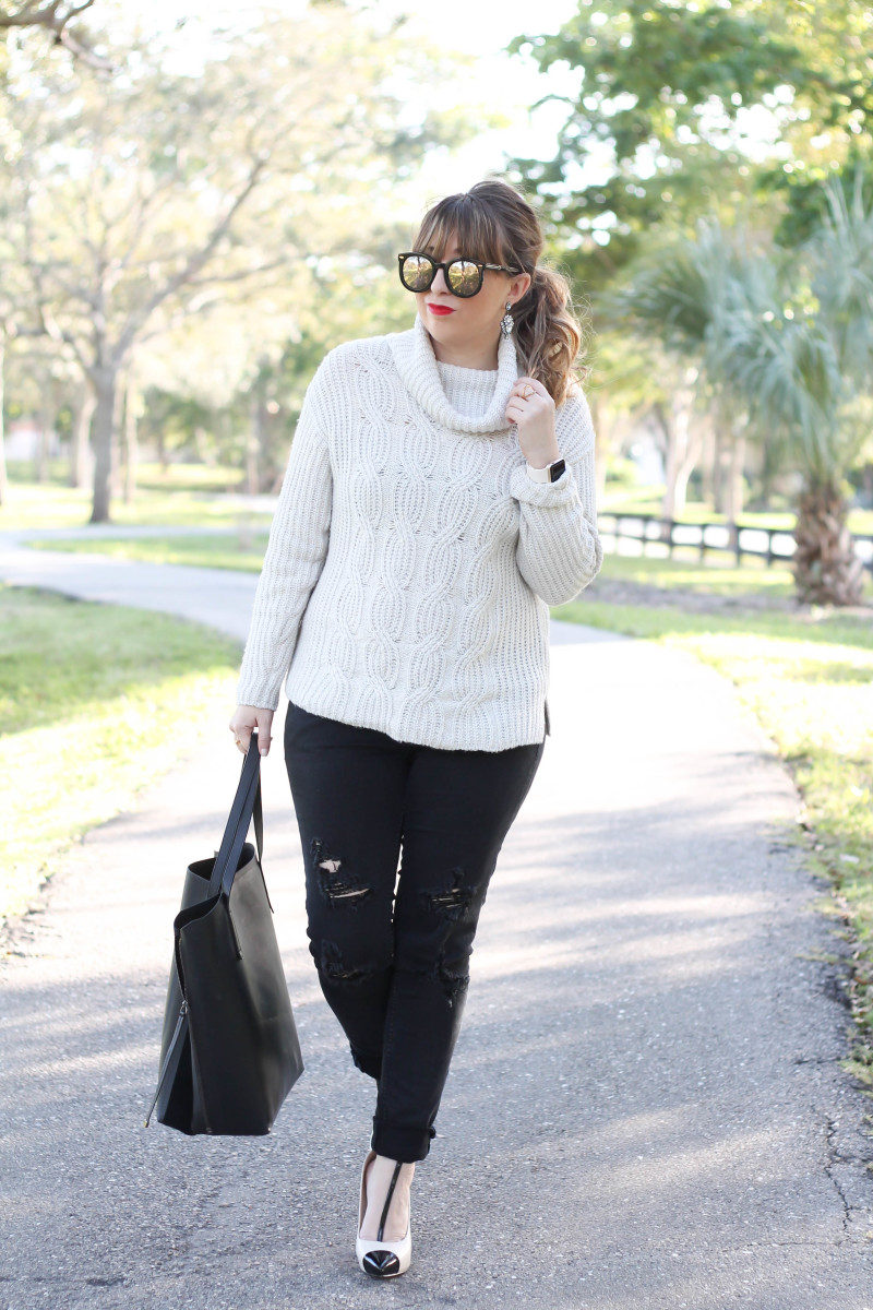 Turtleneck sweater, distressed black jeans, cap toe pumps-3