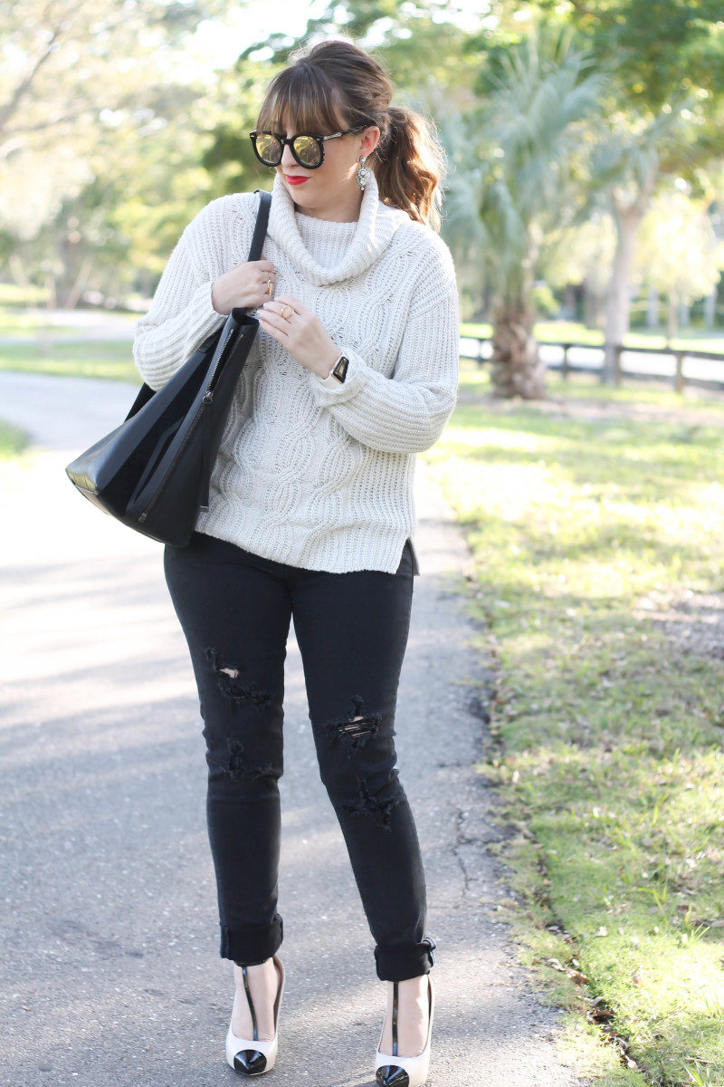 Turtleneck sweater, distressed black jeans, cap toe pumps-6