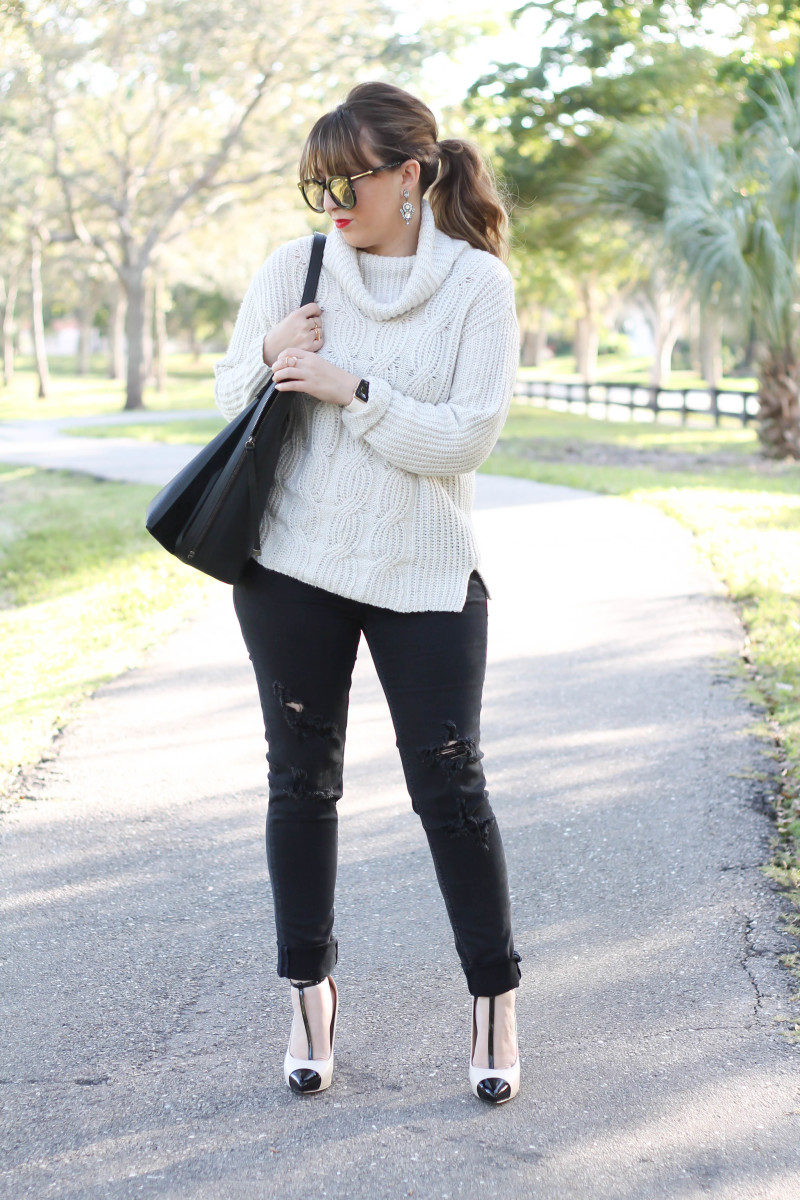 Turtleneck sweater, distressed black jeans, cap toe pumps-7