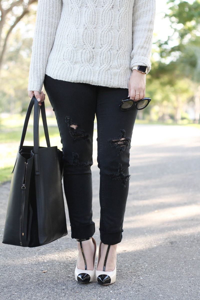 Turtleneck sweater, distressed black jeans, cap toe pumps-8