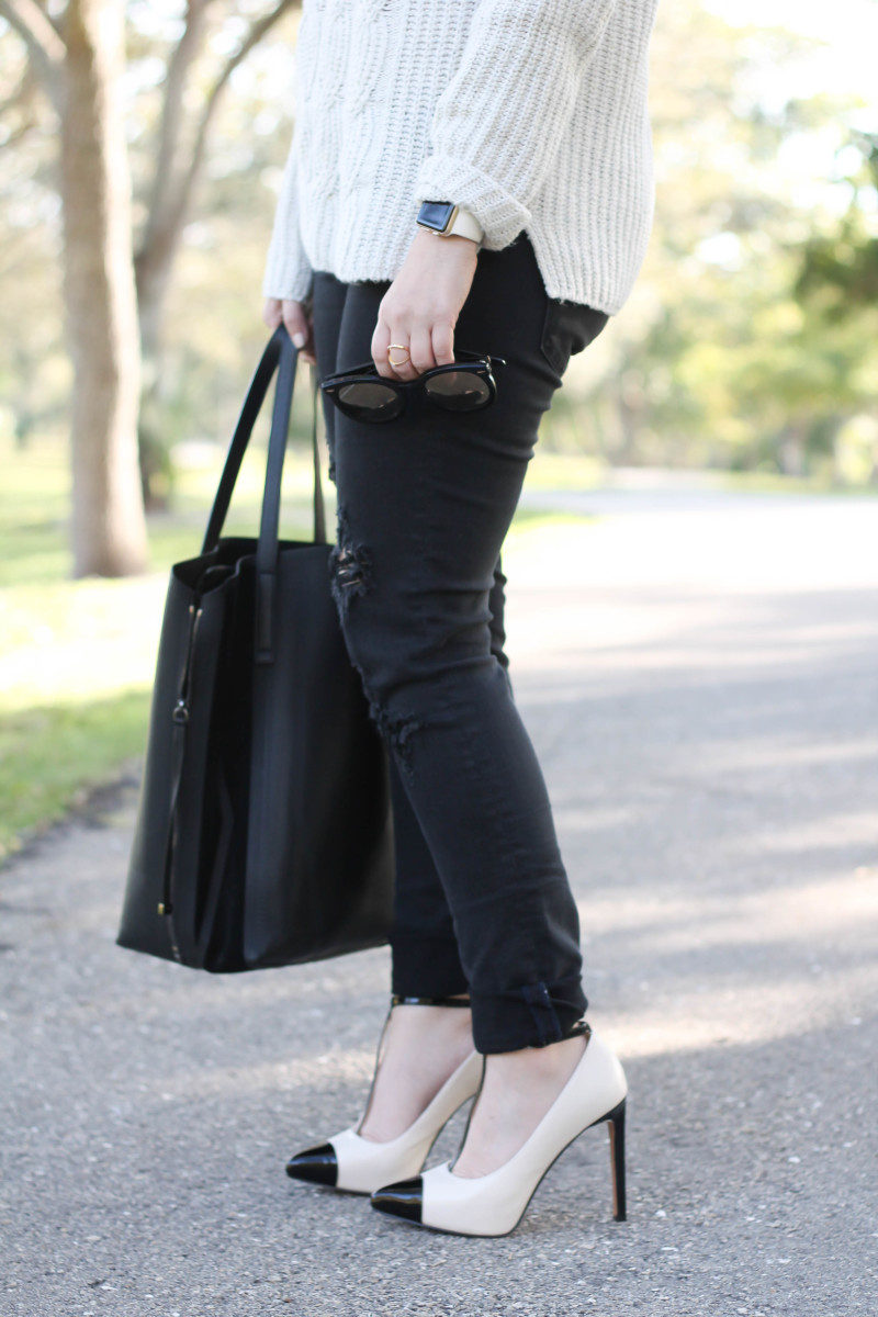 Turtleneck sweater, distressed black jeans, cap toe pumps-9