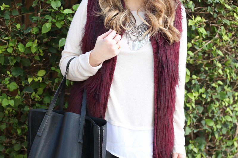 fur vest, layered sweater, leather leggings-11