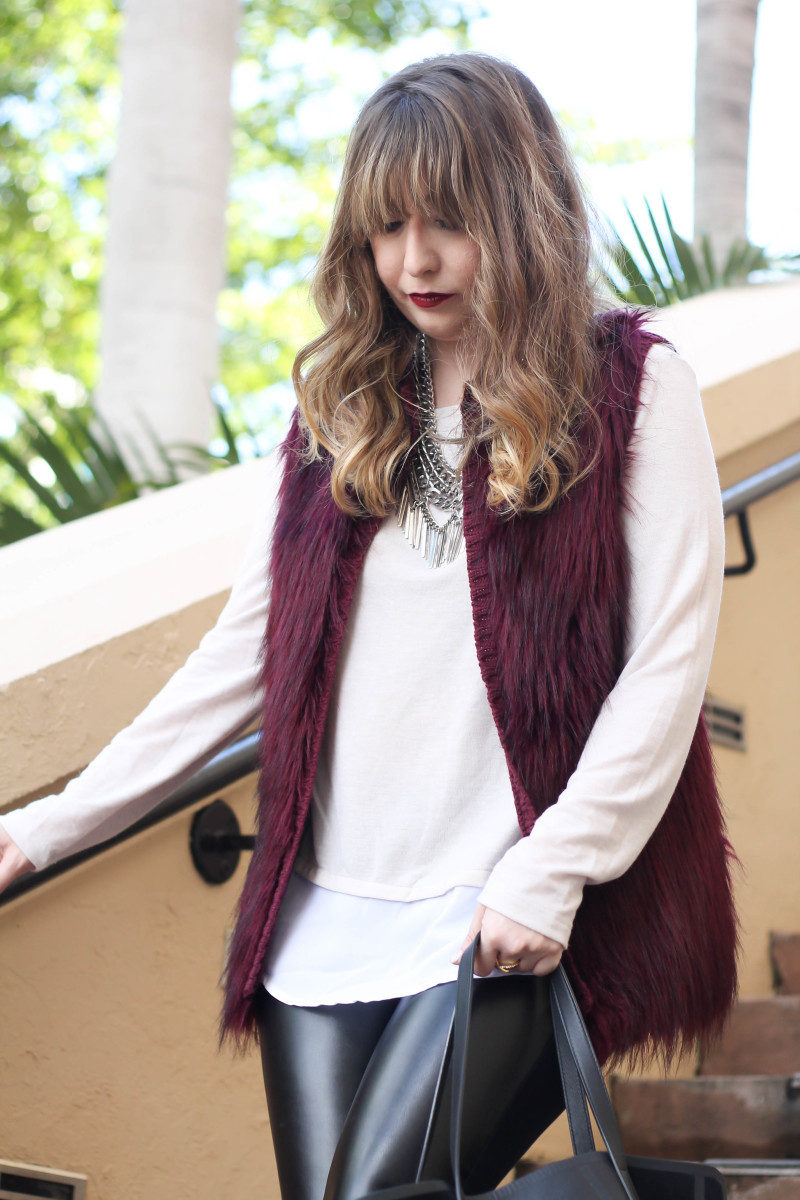 fur vest, layered sweater, leather leggings-6