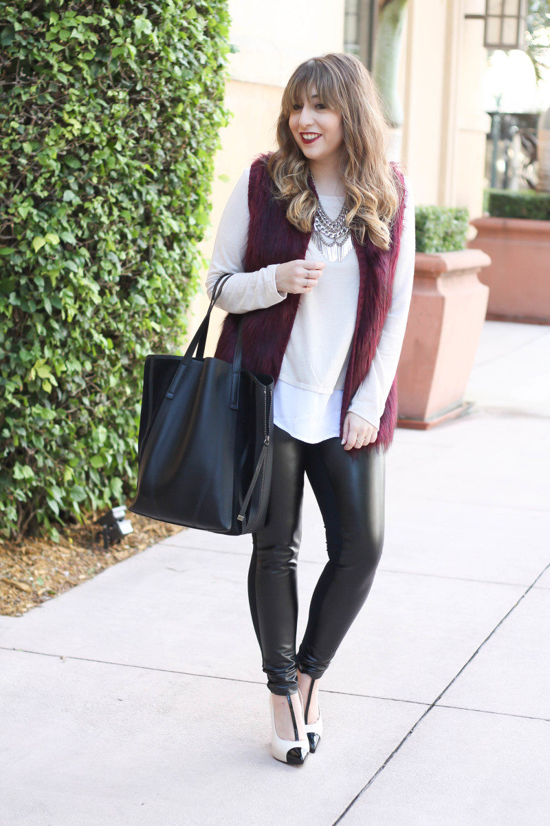 fur vest, layered sweater, leather leggings-8