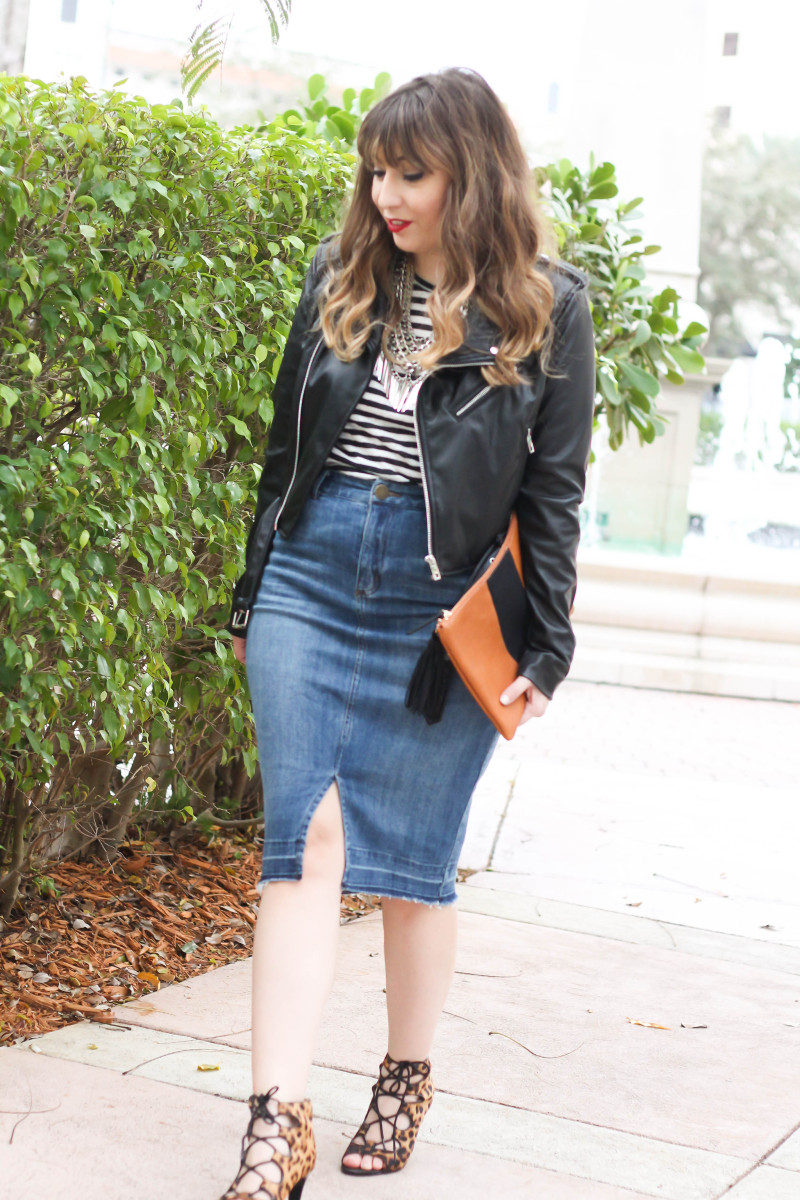 Target Who What Wear jean skirt, stripe tee, and leather jacket-4