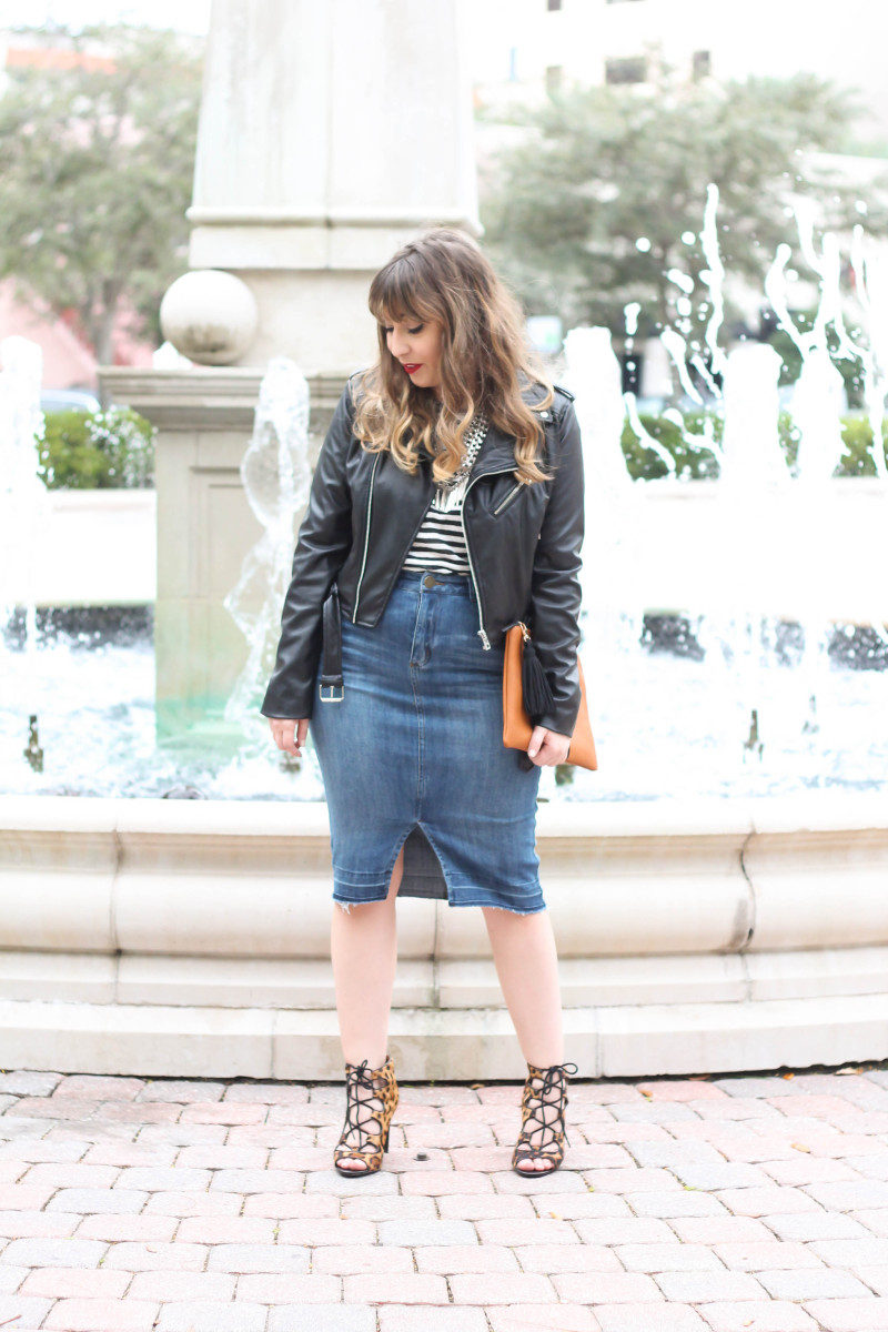 Target Who What Wear jean skirt, stripe tee, and leather jacket-5