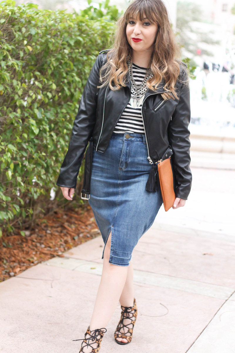 Target Who What Wear jean skirt, stripe tee, and leather jacket