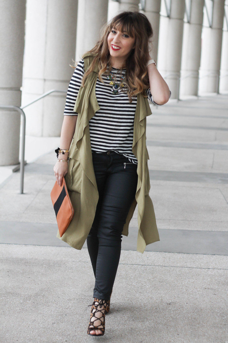 coated skinnies, trench vest, stripe tee-10