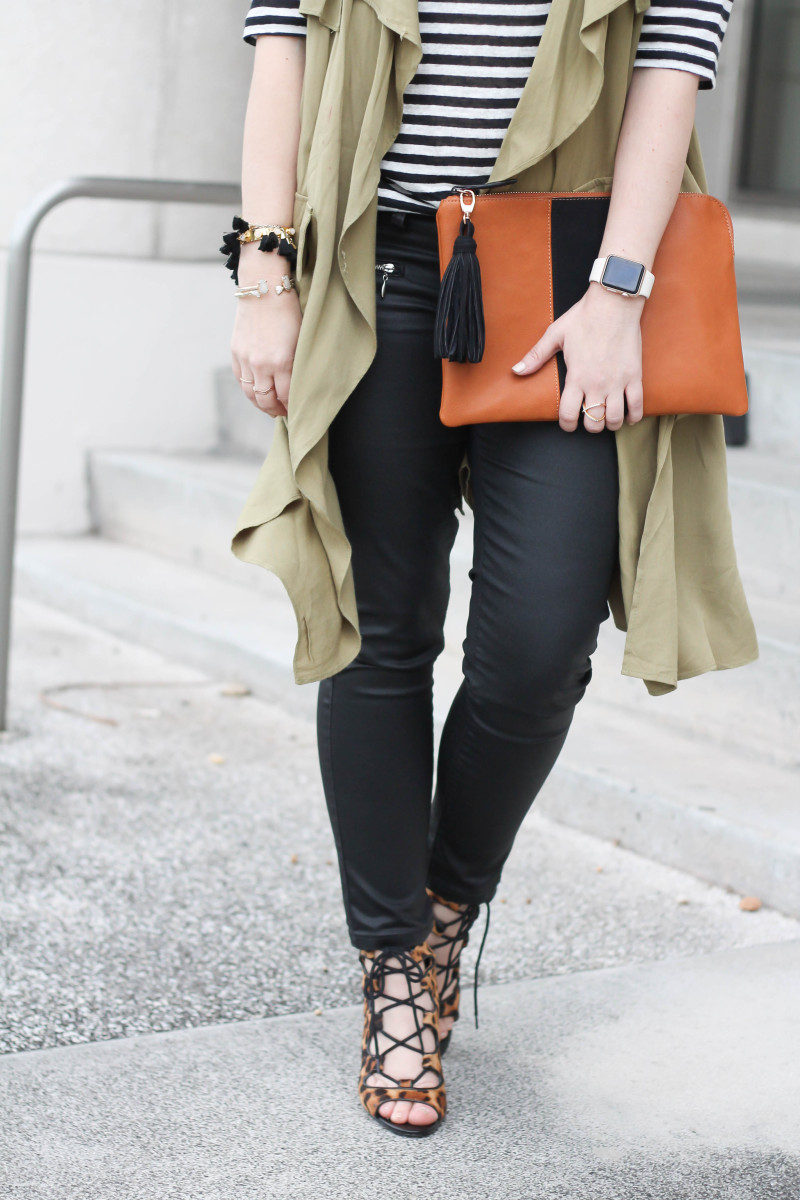 coated skinnies, trench vest, stripe tee-2