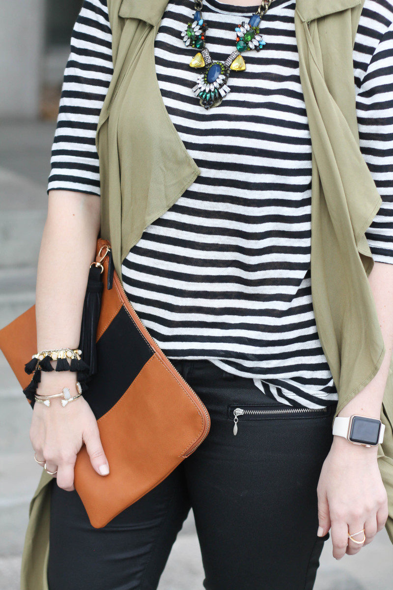 coated skinnies, trench vest, stripe tee-5