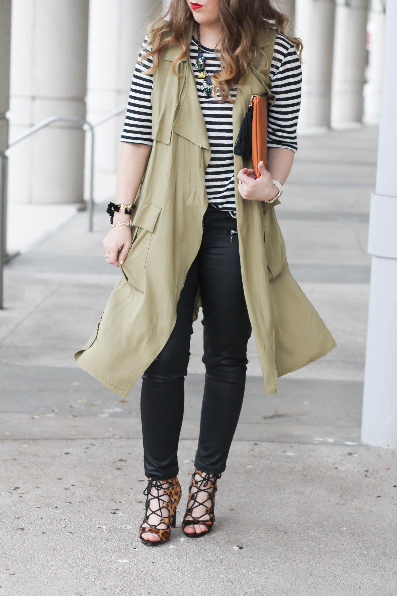 coated skinnies, trench vest, stripe tee-6