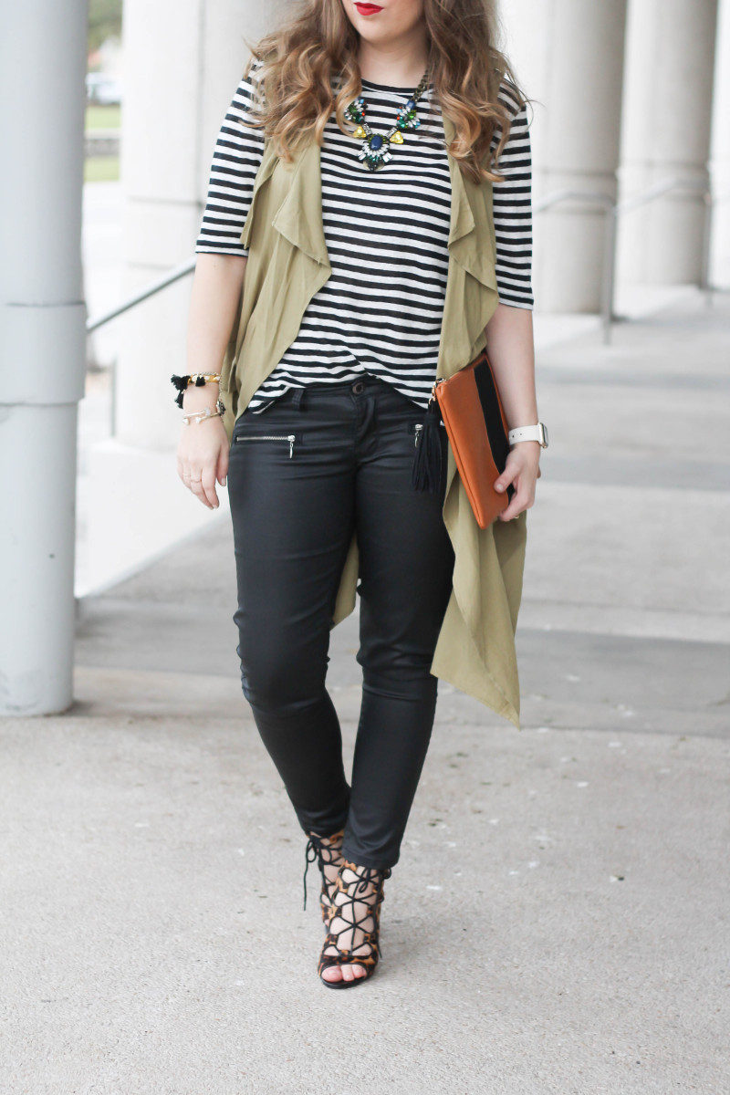 coated skinnies, trench vest, stripe tee-7