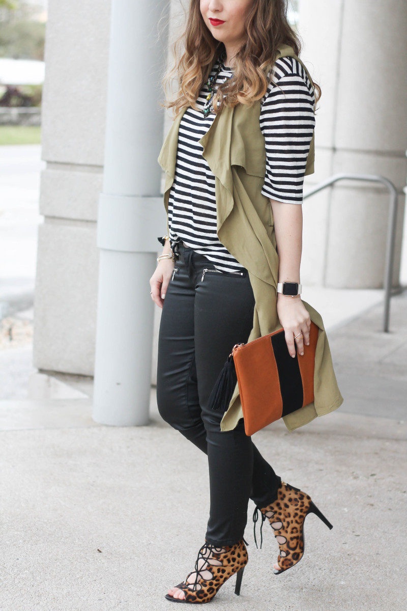 coated skinnies, trench vest, stripe tee-8