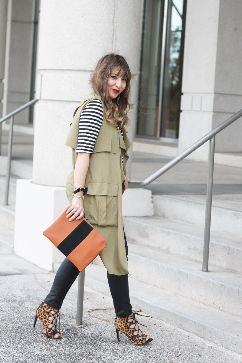 coated skinnies, trench vest, stripe tee