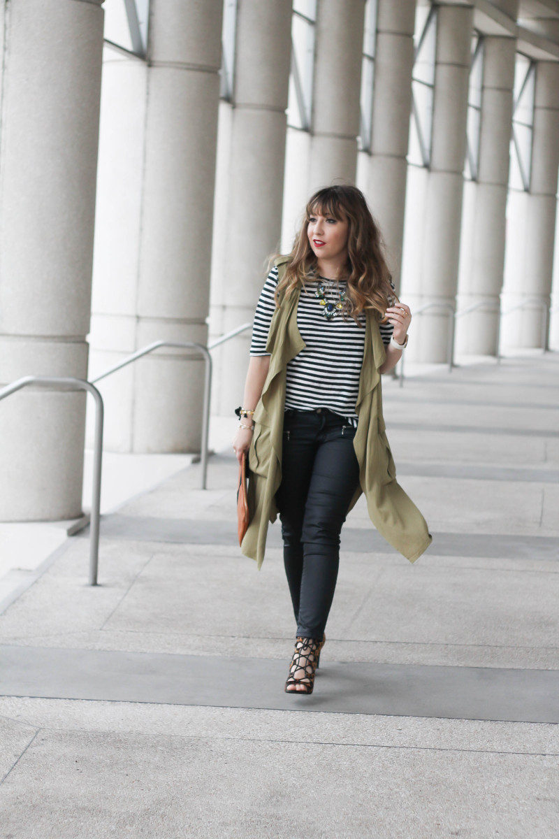 coated skinnies, trench vest, stripe tee-9