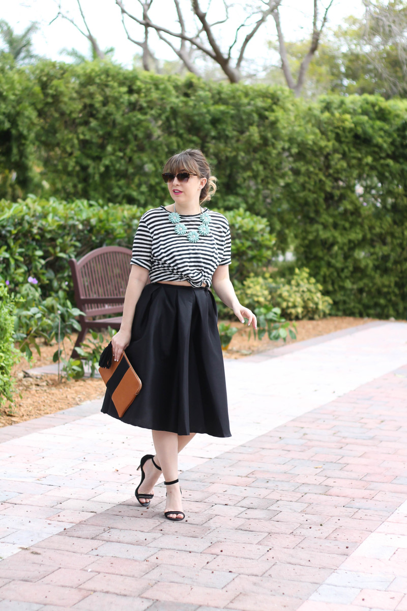 Midi skirt and striped tee outfit-2